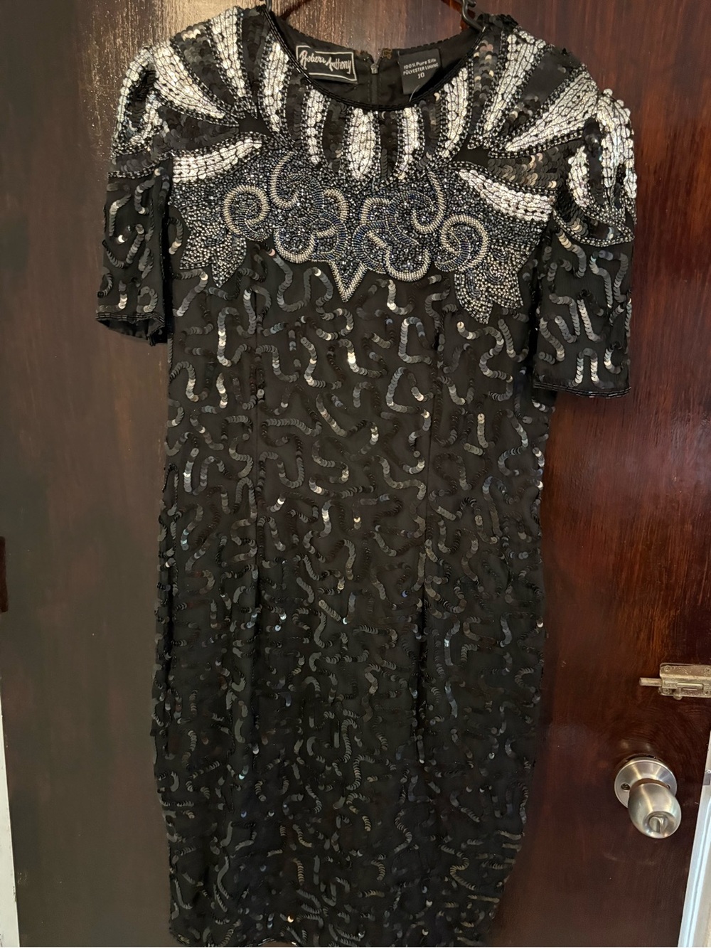 Vintage Robert Anthony Beaded Black Midi Dress with Silver Embellished Yoke.